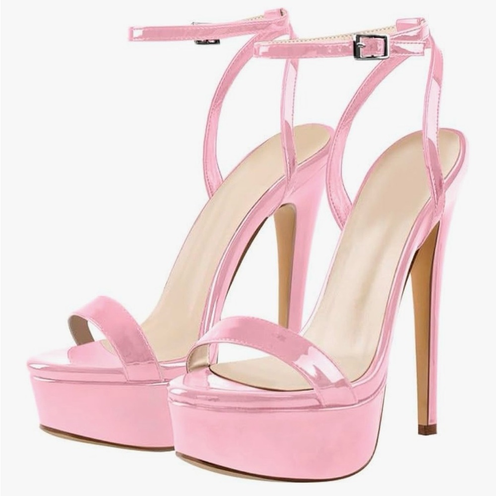 Women's Pink Patent Platform Ankle-Strap High Heels